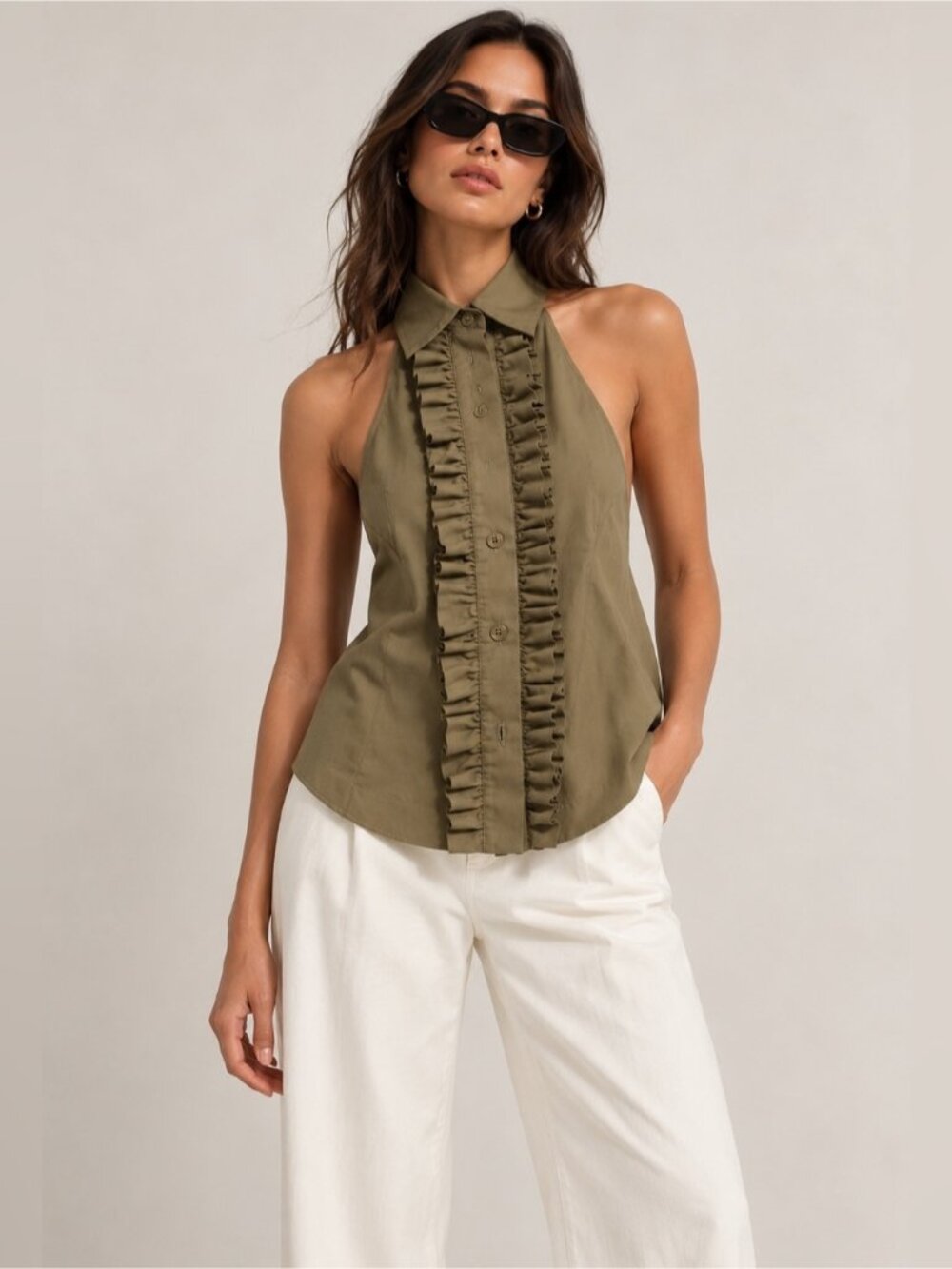 With Consideration Ruffle-Front Sleeveless Top – Khaki – Size XS